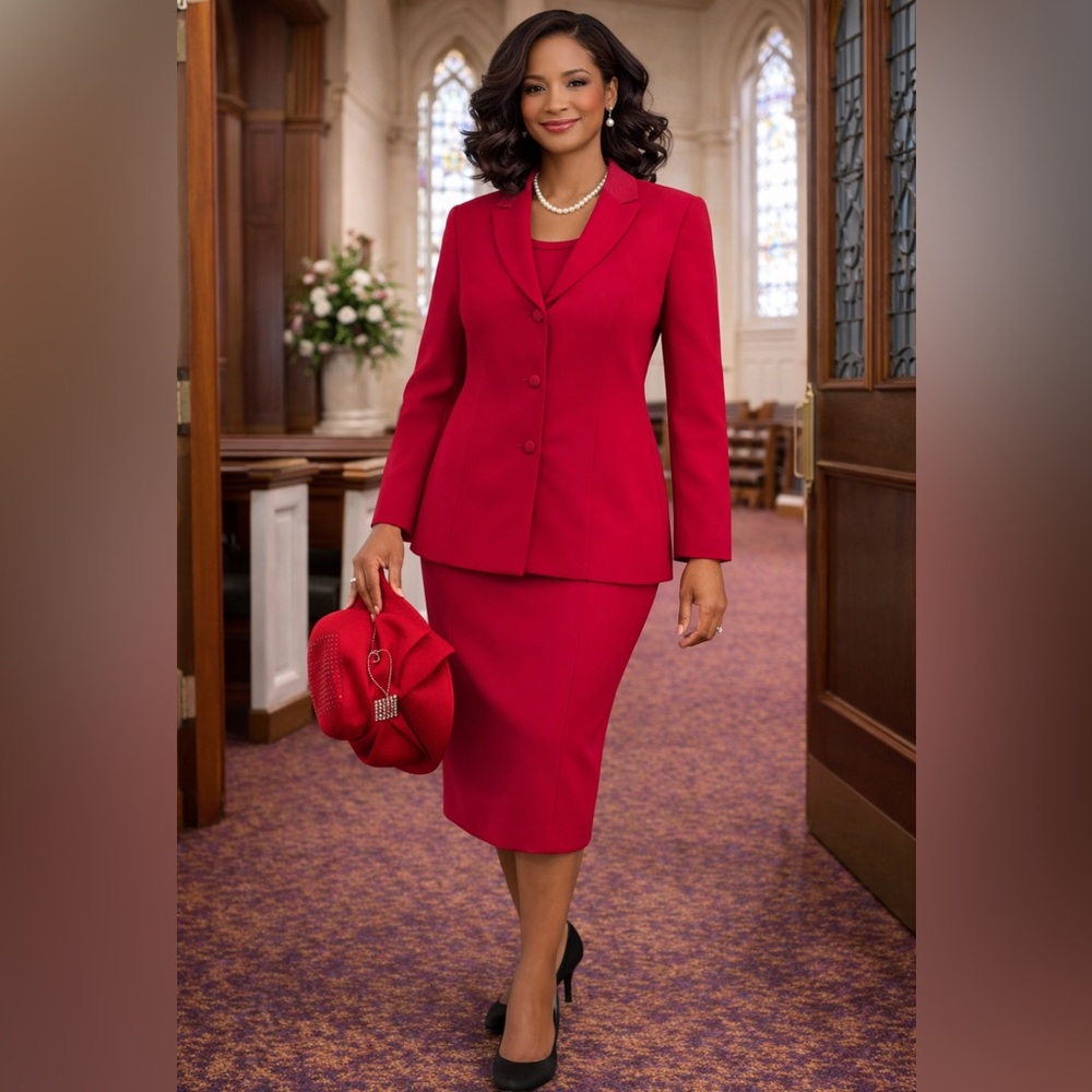 Le Suit Red Skirt Set Women’s Size 10 Sunday Service Career Power Suit